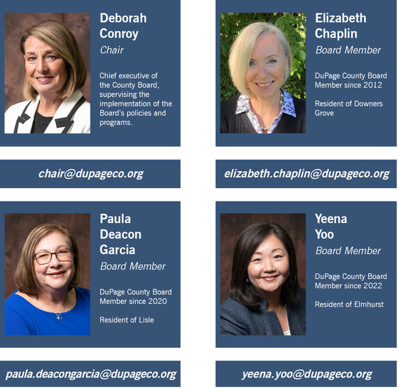 Headshots of District 2 reps and the County Board Chair