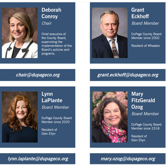 Headshots of District 4 reps and the County Board Chair