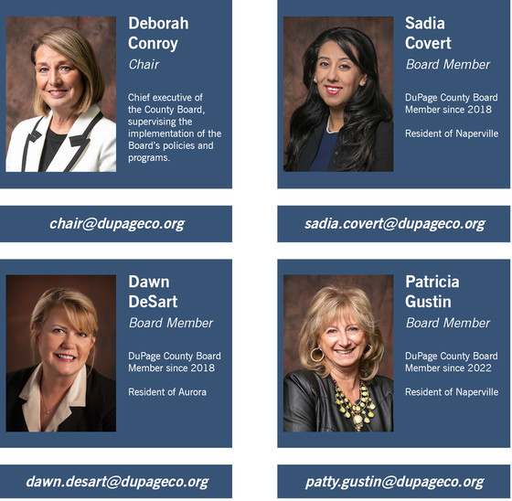 Headshots of District 5 reps and the County Board Chair