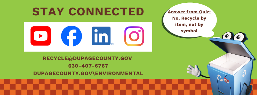 Newsletter footer titled stay connected with social media logos, Cool DuPage contact information, and the loop the cart.