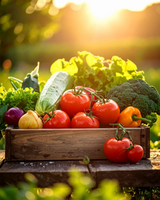 A bounty of various harvested vegetables in a wooden box on a wooden table during sunset