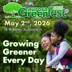 City of Aurora GreenFest informational flyer with a smiling mom piggybacking her smiling daughter