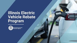 Image titled Illinois Electric Vehicle Rebate Program next to a charging white Tesla sedan