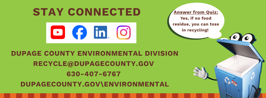 Footer titled stay connected, with Cool DuPage's contact information, and loop the cart with a lime green background