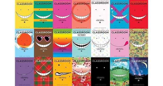 Chronological order for Assassination Classroom book covers, assorted colors, all with a simple smiley face