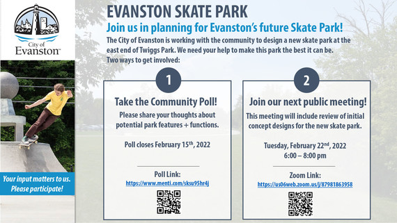 Evanston skate park poll and meeting flyer