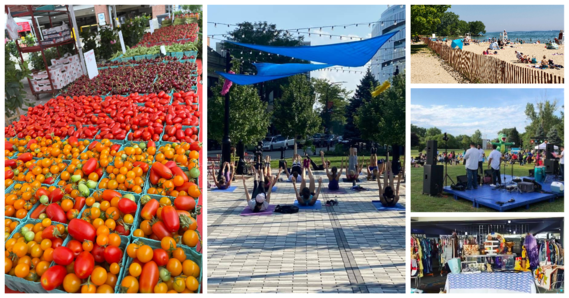 Summer activities collage (yoga, farmers' market, beach, vintage garage and concert)