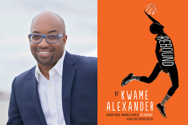 Headshot of Kwame Alexander, a Black man with blue glasses and a blue suit, next to the bright orange cover of his novel "Rebound."