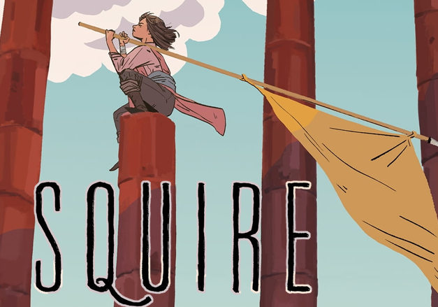 The cover of "Squire" by Sara Alfageeh and Nadia Shammas, featuring a brown-haired girl holding a big flag.