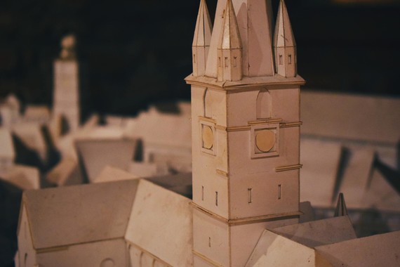 An elaborate cityscape constructed from cardboard.