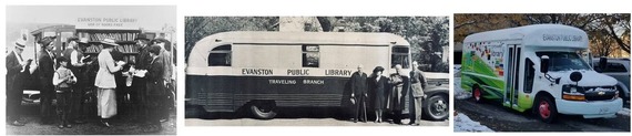 3 photos side by side of EPL library buses over the years - 2 b&w from 1920s and 1950s; 1 color from 2020s
