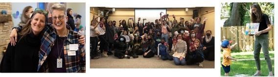 3 photos of people connecting: 2 women hugging, a group photo of mostly teens, and a woman reading a book with boy pointing