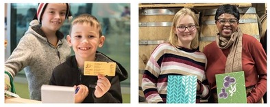 2 photos side by side: 1st with two boys holding library cards and 2nd with 2 women holding up paintings