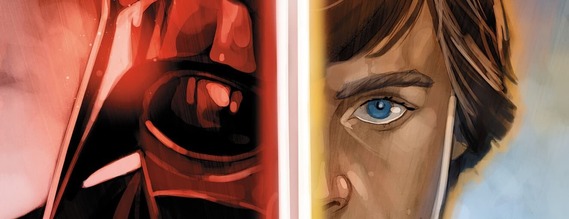 close up of vader and luke on a comic book cover