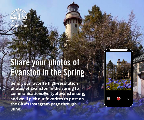 Lighthouse in Evanston with flowers in the foreground