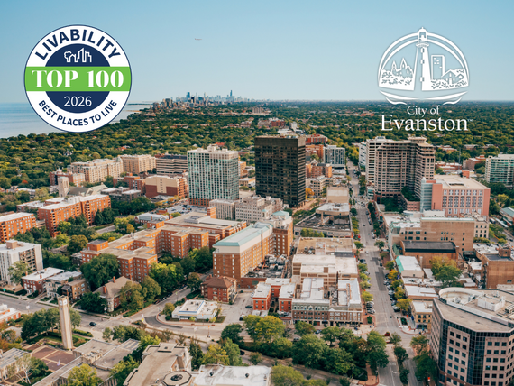 Aerial photo of downtown Evanston and downtown Chicago with a "Livability" badge and "City of Evanston" logo overlayed.