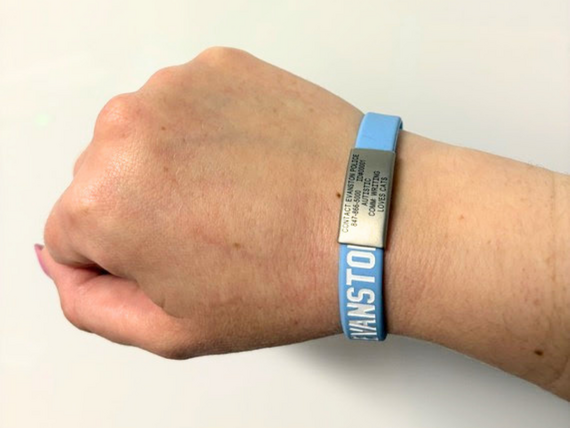 Emergency bracelet on a person's wrist