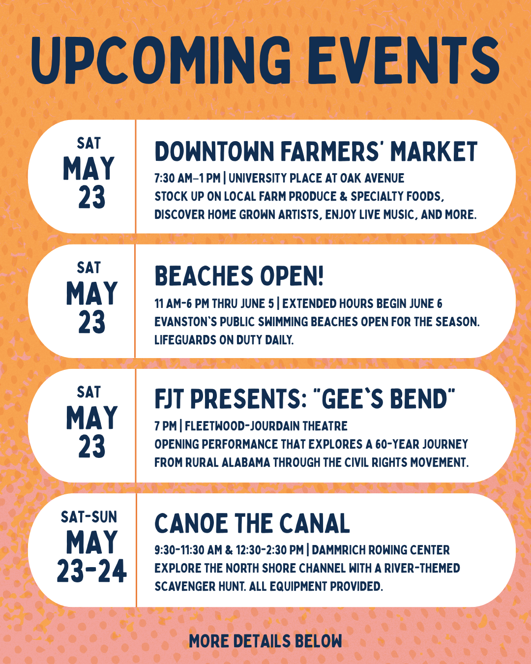 upcoming events May 23 farmers market, May 23 beaches open, May 23 Gee's bend, May 23-24 canoe the canal