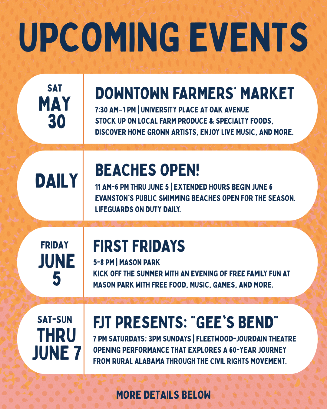upcoming events may 30 farmers market june 5 first fridays Gees Bees