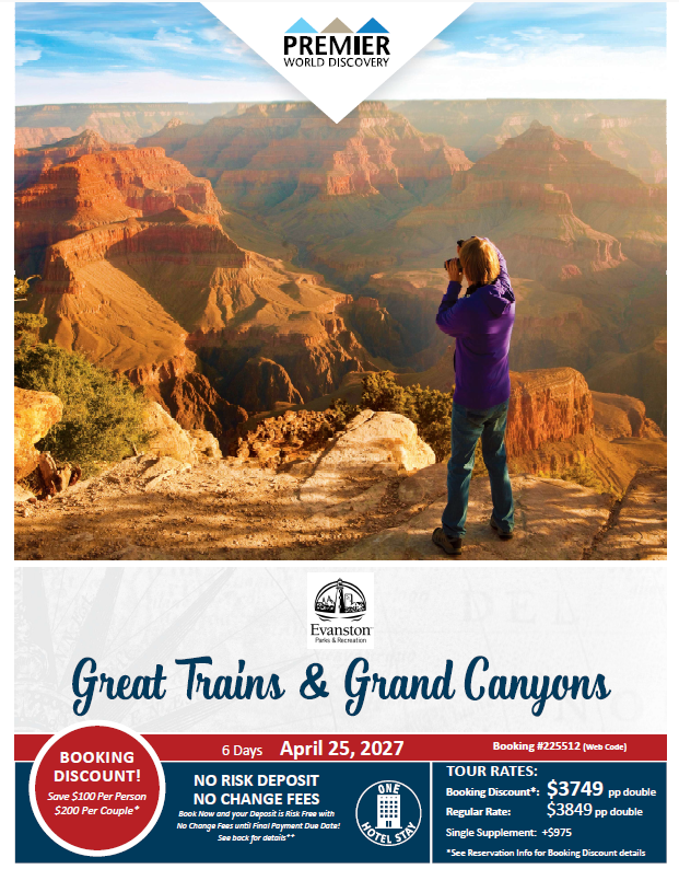 A person in a purple jacket photographs the Grand Canyon, showcasing its layered red and brown rock formations under a blue sky.