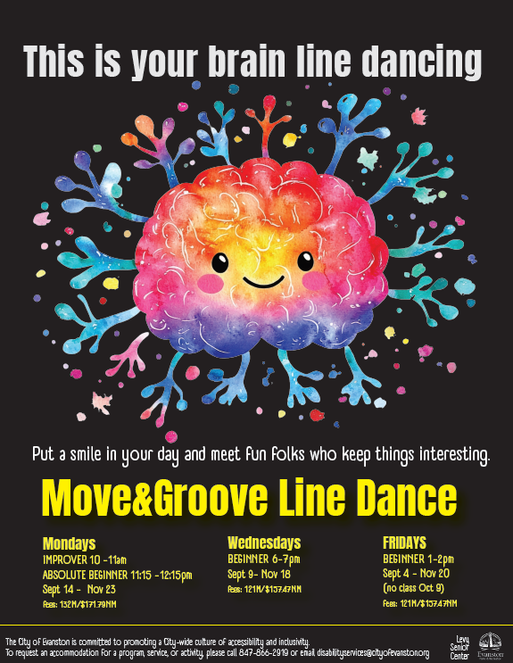 Colorful cartoon illustration of a smiling brain with limbs, promoting a line dancing program with text about class schedules on a black background.