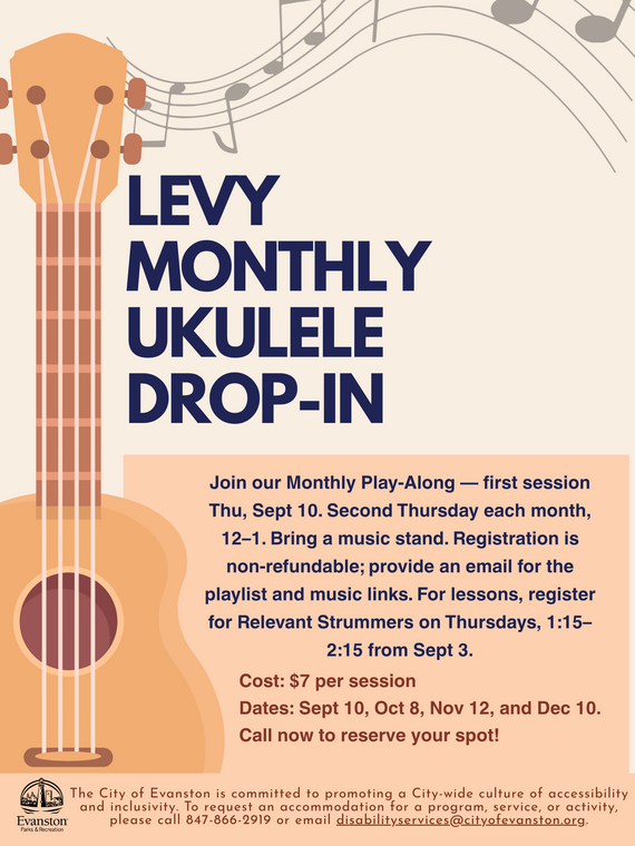 ukulele on a cream background with musical notes, promoting a "Levy Monthly Ukulele Drop-In" event with details on registration