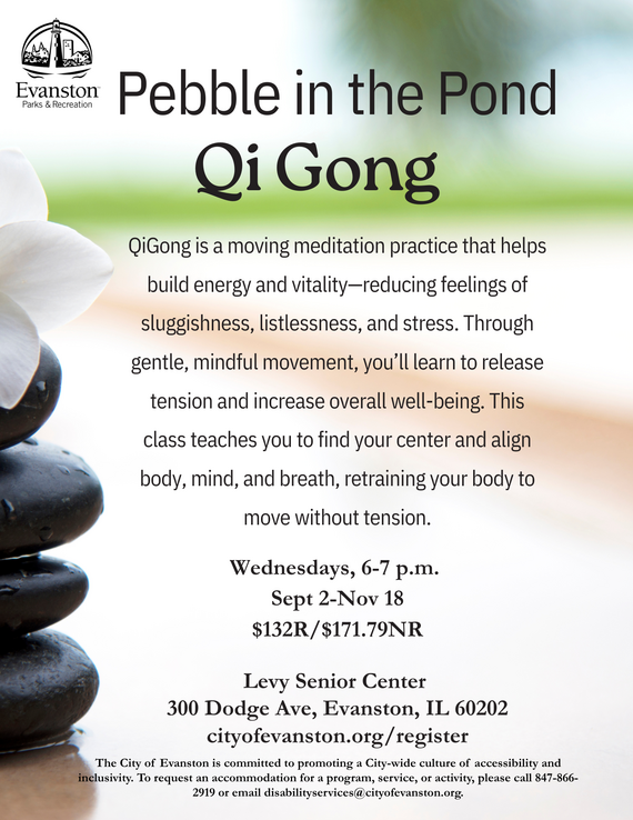 Promotional flyer for a Qi Gong class featuring a stack of black stones, a white flower