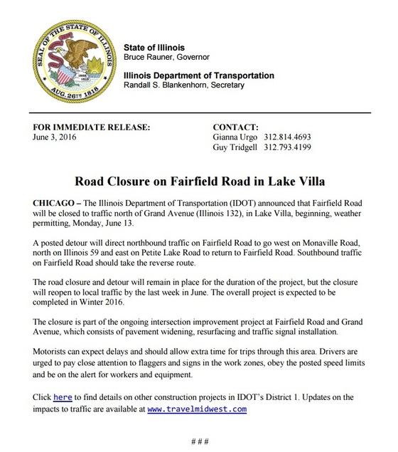 IDOT Road Closure Notification IL 132 and Fairfield Road