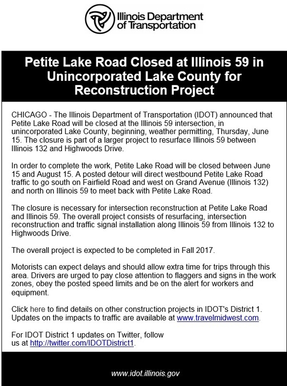 Petite Lake Road closed at IL 59 for IDOT project