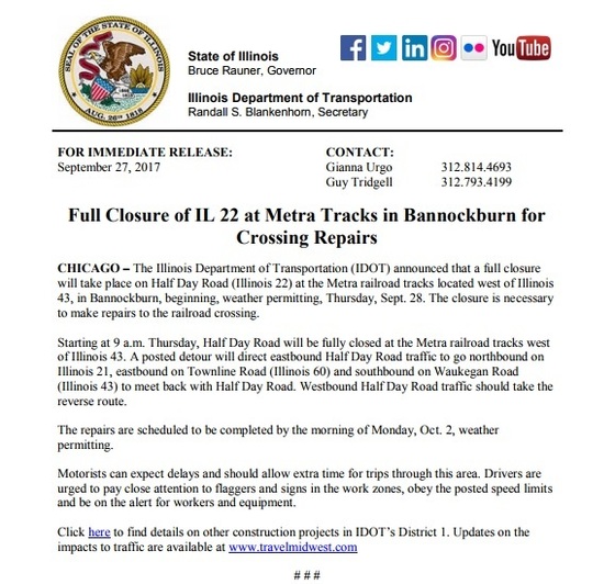 IDOT Road Closure Notice IL 22 to close at Metra crossing in Bannockburn