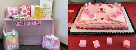 photos of baby shower gifts and cake