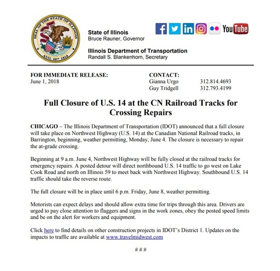 IDOT Closure Notice of US 14 for CNRR repairs