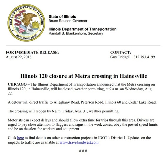 IDOT Road Closure Notice IL 120 closure at Metra crossing in Hainesville