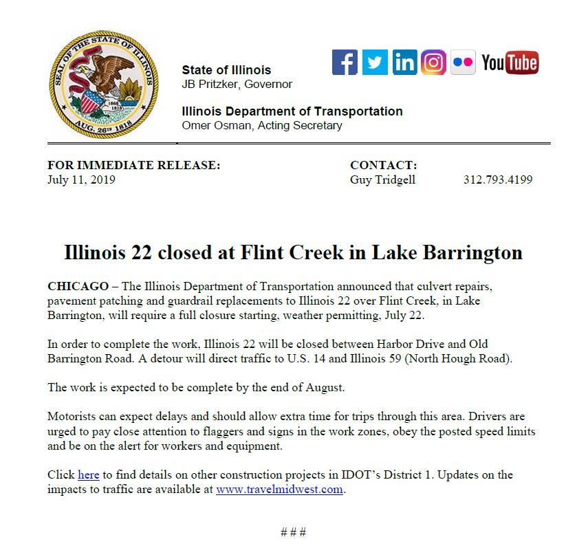 IDOT Road Closure Notice IL 22 closed at Flint Creek in Lake Barrington