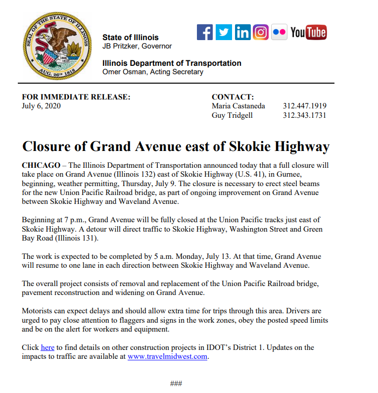 IDOT Road Closure Notice Grand Ave. East of Skokie Highway