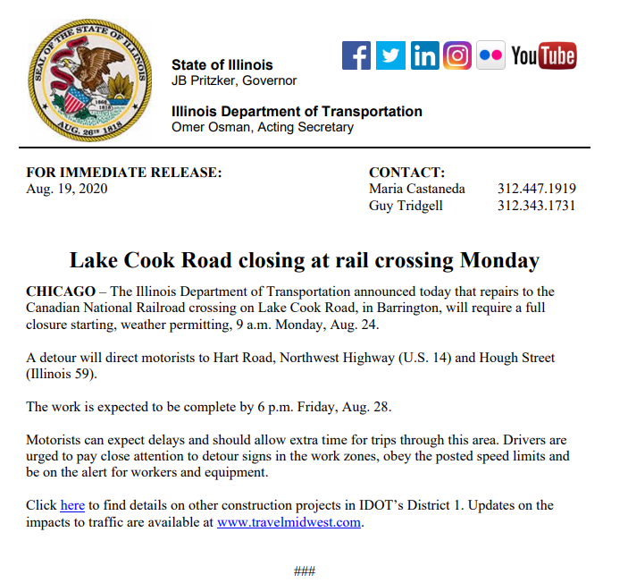 Lake Cook Road Closure