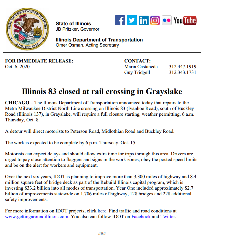 IDOT Road Closure Notice IL 83 at Rail Crossing in Grayslake