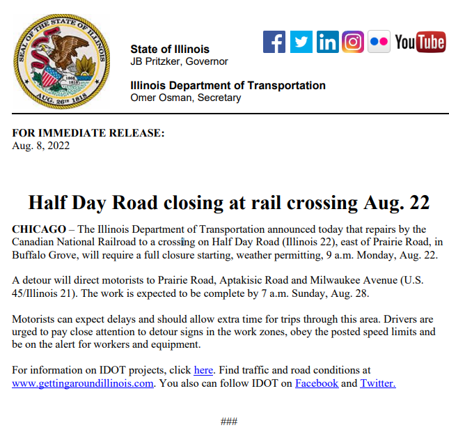 IDOT Road Closure Notice Half Day Road Closing at Rail Crossing on Aug. 22