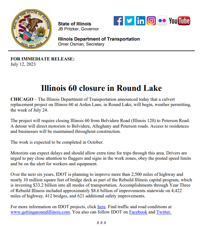 IDOT Road Closure Notice Illinois 60 Closure in Round Lake
