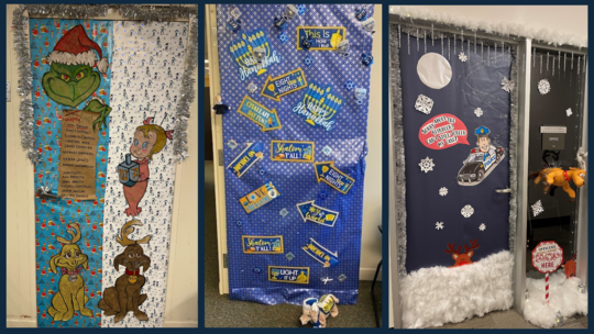 Doors decorated with holiday décor. 