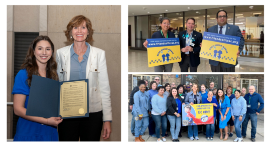 Photo college of three photos, one on the left with two women, one on the top right with three people, one on the bottom left a group of people