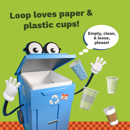 Loop, a personified recycling cart, eats paper and plastic cups