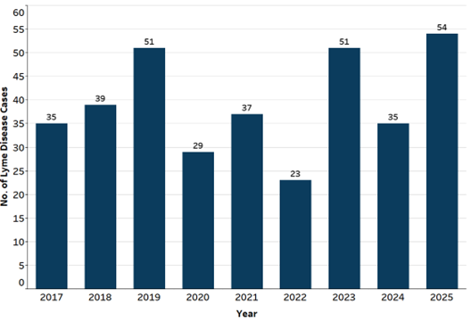 This figure shows the reported Lyme disease cases by year in Lake County, Illinois from 2017 to 2025