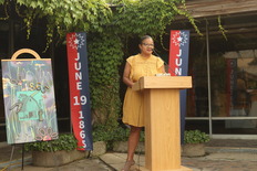 Village Clerk Christina Waters at 2023 Juneteenth flag-raising ceremony