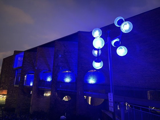 Blue lights shine on Village Hall in honor of Detective Allan Reddins