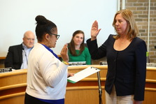 Village President Vicki Scaman is sworn in for her second term on May 6, 2025 at Village Hall.