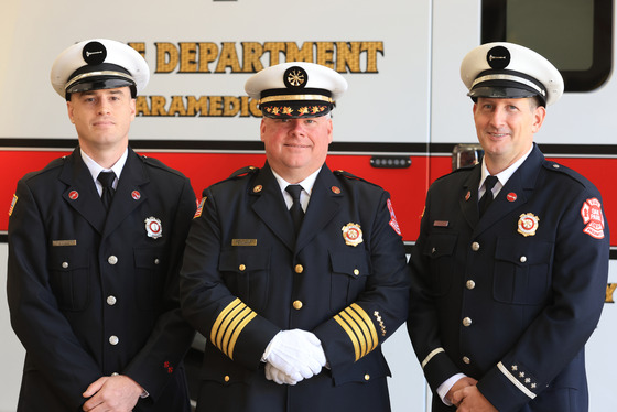 Lieutenant Dan Huska, Deputy Chief Bob Murphy and Battalion Chief Bill Towler at their swearing-in ceremony in 2025.