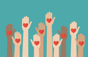 Volunteer hands hearts graphic