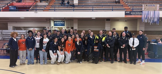 Members of the Police Department and Fire Department were recognized by the OPRF girls basketball team for First Responders Night in January 2026.