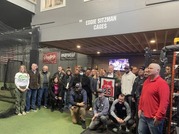 Oak Park Fire Department attends dedication of Eddie Sitzman Cages at Play It Again Sports in Forest Park.